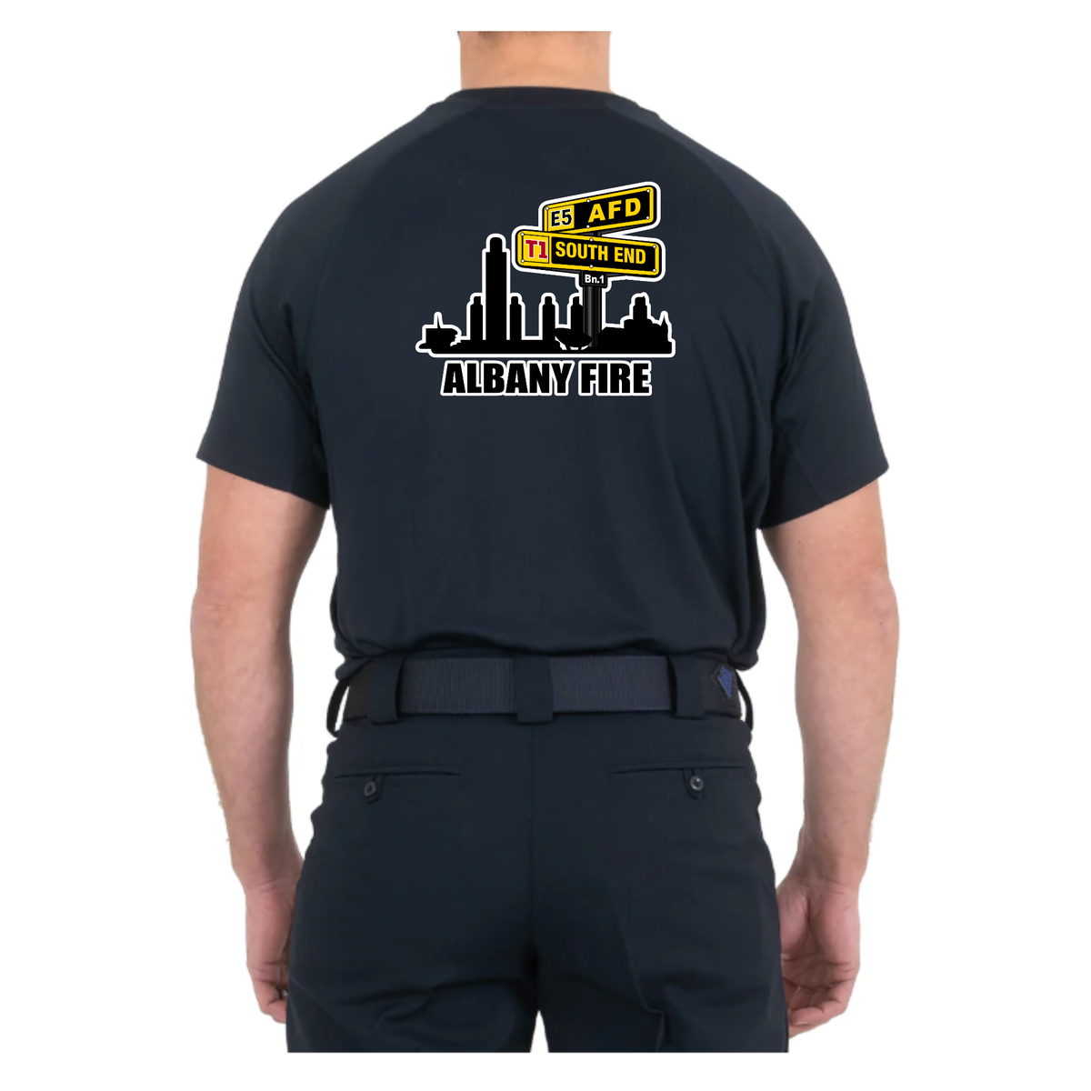 Men's Performance Short Sleeve T-shirt-Firefighter South End City Scape