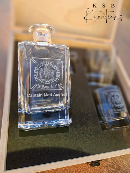 Whiskey Decanter Set with Custom Engraved Wood Box