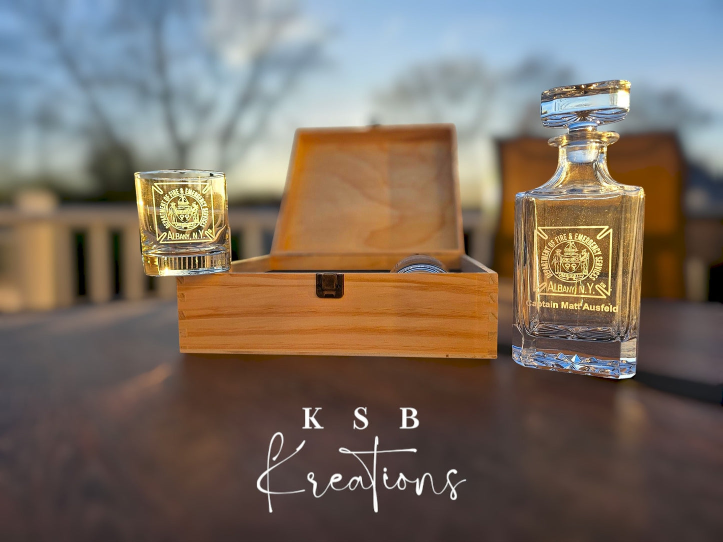 Whiskey Decanter Set with Custom Engraved Wood Box